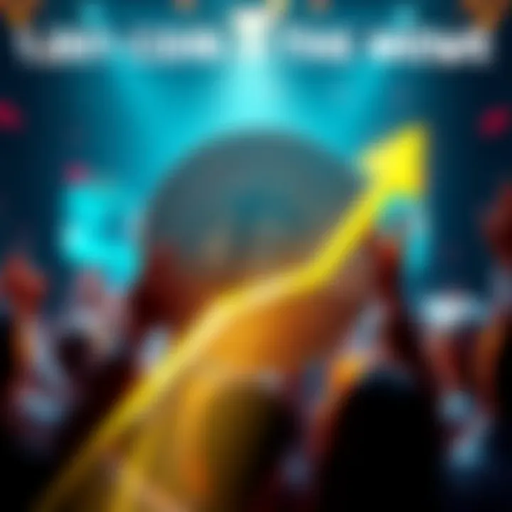 A digital representation of the .001 coin showing an upward trend with excited people celebrating the rise in the background.