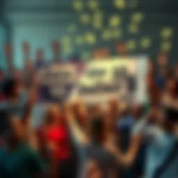 A group of diverse people holding a large sign that says 'Join the 10 Dollar Club' with money symbols around them, showing excitement and community spirit.