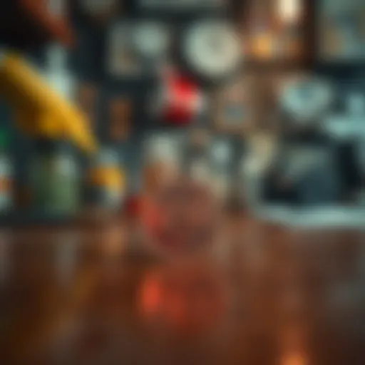 Close-up of a 10 cents coin resting on a wooden table with a blurred background of everyday items