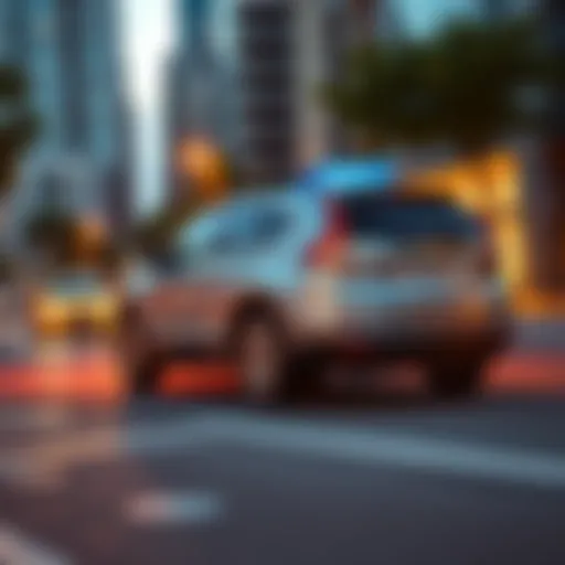 A 2014 Honda CR-V driving on a city street, showcasing its compact SUV design.
