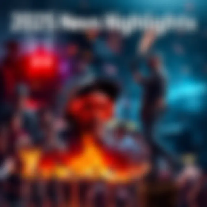 A collage of significant events from 2025 with news headlines and images of protests, political discussions, and community gatherings