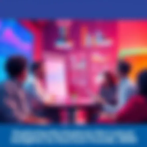 A diverse group of people engaged in a lively discussion about current trends in 2025, surrounded by charts and digital screens displaying data.