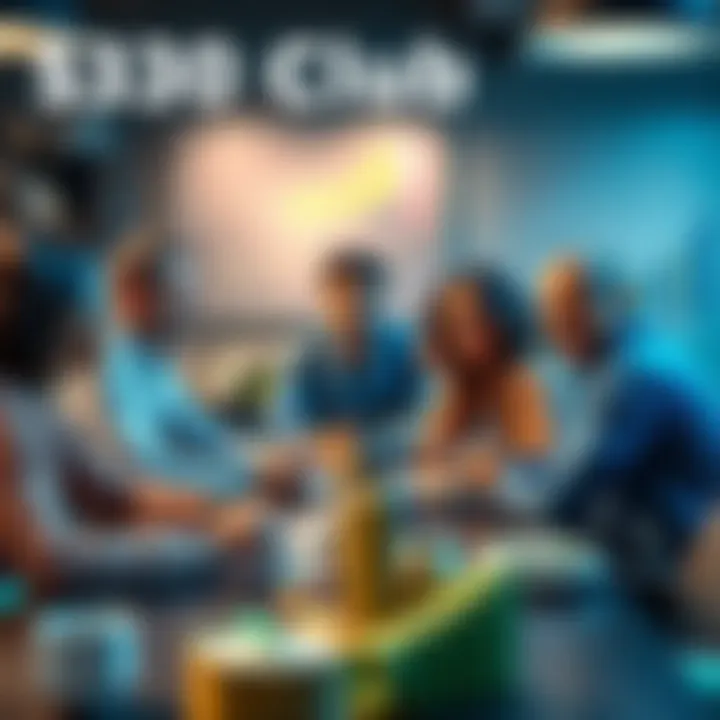 A group of diverse people discussing finances at a table, with money and charts in the background.