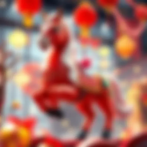 A colorful 3D horse surrounded by festive decorations for Chinese New Year, symbolizing luck and prosperity.