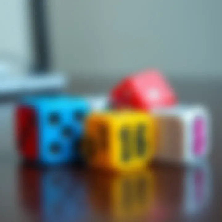 A close-up of colorful 3D printed dice, including a D20, D16, and D8, arranged on a tabletop, ready for use in random seed generation for wallet checksums.