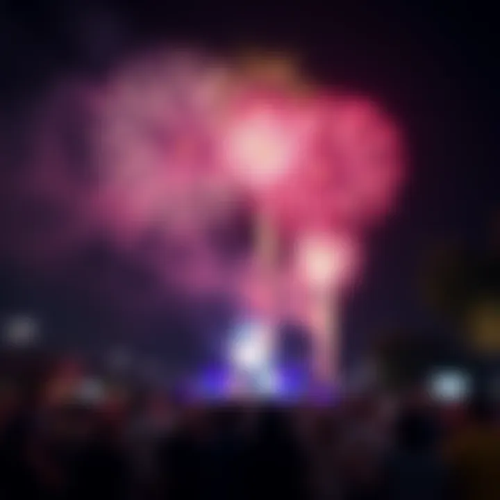 A vibrant display of fireworks lighting up the night sky during a 4th of July celebration, with people gathered below enjoying the show.