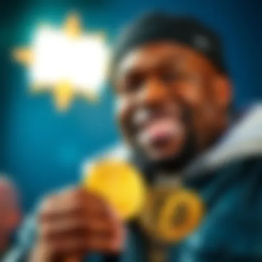 Rapper 50 Cent smiling while holding gold coins representing Bitcoin, symbolizing his newfound wealth from his album sales.