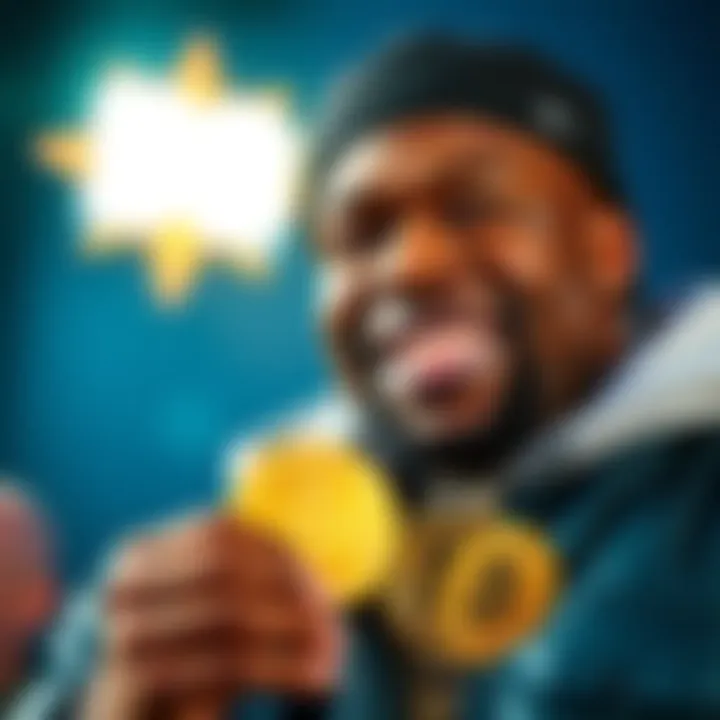 Rapper 50 Cent smiling while holding gold coins representing Bitcoin, symbolizing his newfound wealth from his album sales.