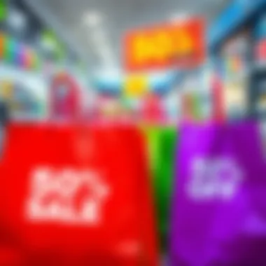 Colorful shopping bags displaying 50% off sale signs in a retail environment