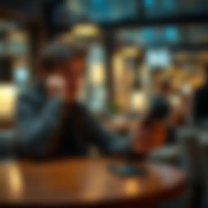 A frustrated person trying to connect to 5G on a smartphone while sitting at a café table, with a visible message on the screen about connection problems.