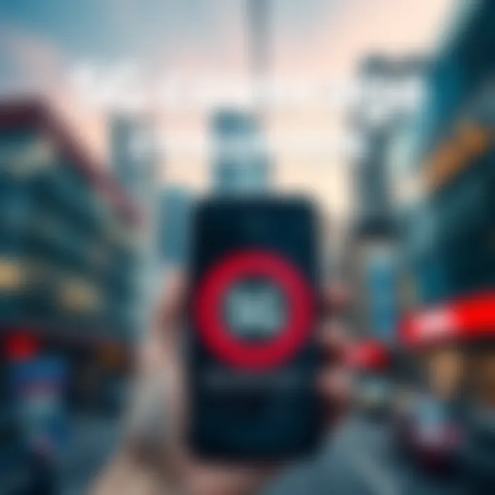 A close-up view of a smartphone displaying 5G signal strength in an urban setting, with buildings in the background.