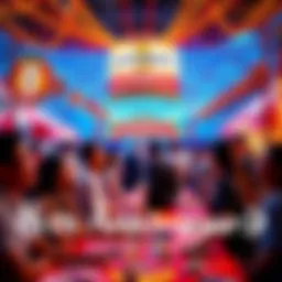 A vibrant scene of people enjoying cash prizes at a carnival, featuring a Monopoly game theme with colorful decorations and festive atmosphere.