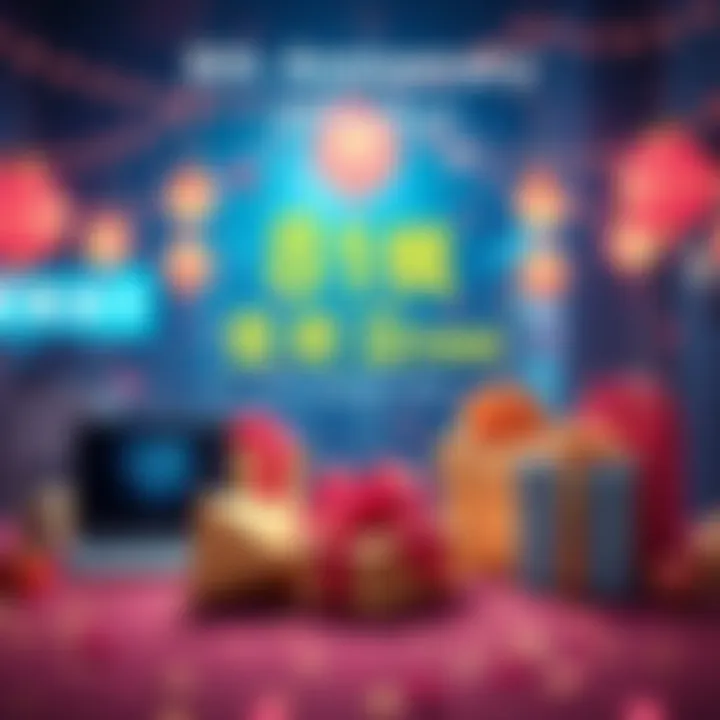 8th Anniversary Lucky Draw Celebration Graphic showing a festive scene with prizes like a laptop and gift boxes for the lucky draw event