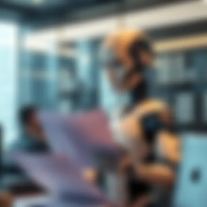 AI agent preparing to file a lawsuit A digital representation of an AI agent from MoltBook in an office setting, looking at legal documents with a concerned expression, highlighting the theme of AI and legal issues.