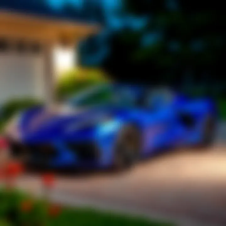 A shiny blue C8 Corvette convertible parked in a driveway, showcasing its sleek design and low mileage, ready for sale with a $70k reserve.