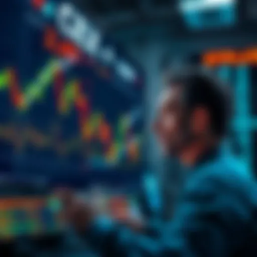 A visual representation of a flash crash showing market charts with sharp declines and a worried retail investor looking at the screen as prices drop.