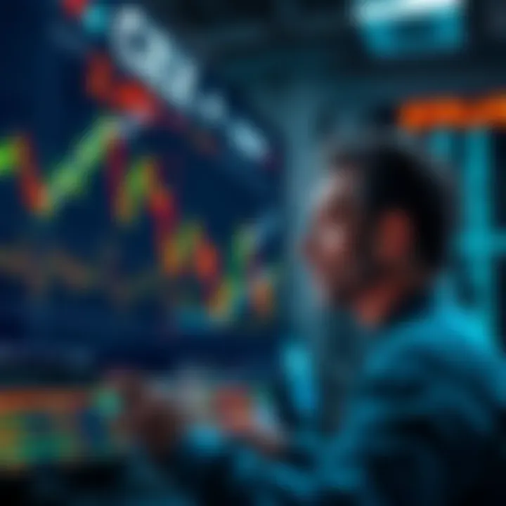 A visual representation of a flash crash showing market charts with sharp declines and a worried retail investor looking at the screen as prices drop.