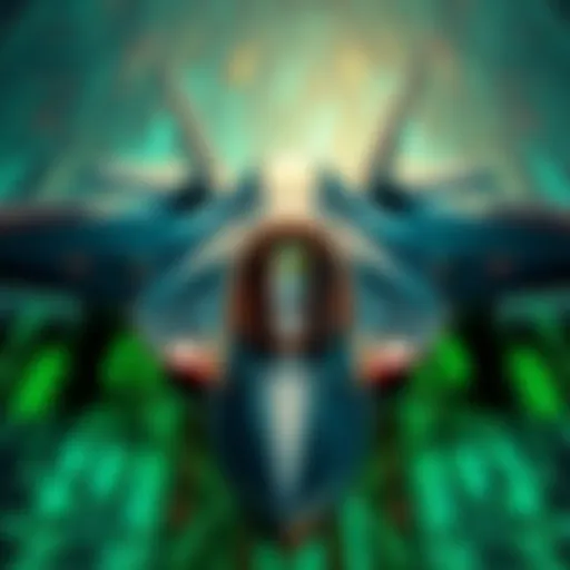 F-35 fighter jet with digital encryption symbols around it, representing advanced cybersecurity measures against quantum threats