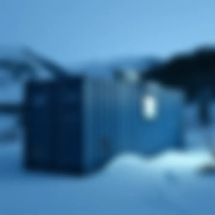 A BlockBox air-cooled container operating in the snowy landscape of Alberta, Canada, showcasing its design for winter efficiency.