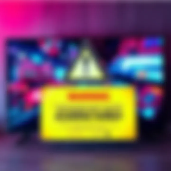 An LG Smart TV displayed with a warning sign about privacy concerns, highlighting issues of scanning and audio recording.