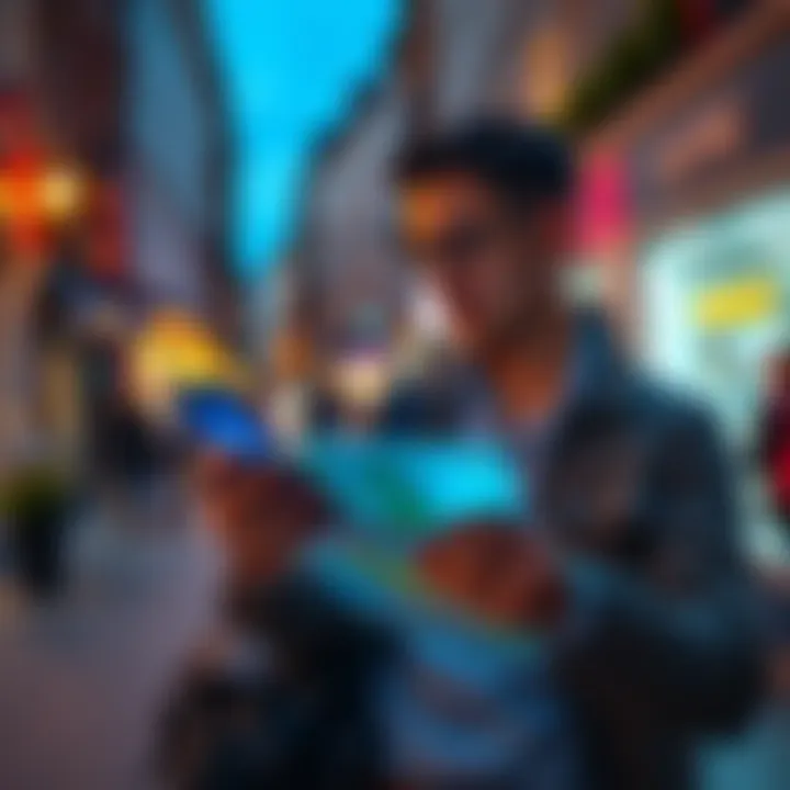 A UK traveler holding a smartphone and looking at a map in France, contemplating a new phone number.