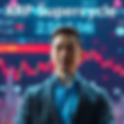 A graphic showing a person with a high IQ symbolically declaring the start of the XRP supercycle, with financial charts and cryptocurrency symbols in the background.