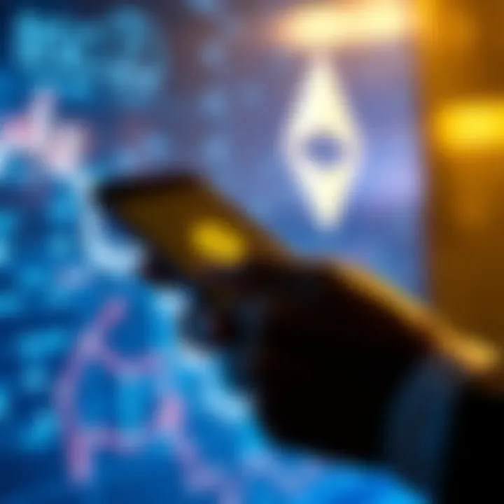 Accessing BSC Tokens A person using a smartphone to access BSC tokens on an Ethereum address, with blockchain graphics in the background.