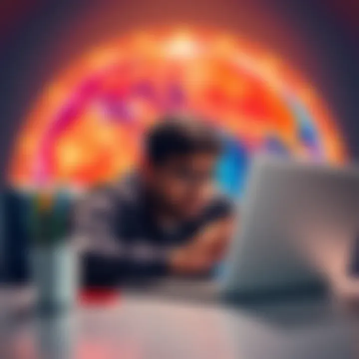 A person using a laptop while looking frustrated, trying to solve Gemini account access problems, with a globe in the background