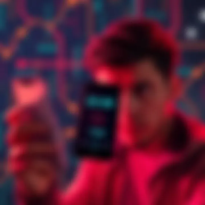 A smartphone screen showing a zero balance despite visible funds in the account. A confused user looks on, with a glitchy wallpaper background.