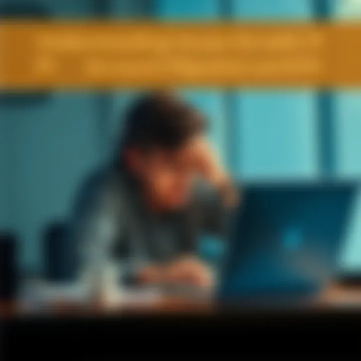 Person struggling with account recovery A frustrated individual sitting at a desk with a laptop, looking at account recovery information and scratching their head, symbolizing issues with PI account migration and KYC requirements.