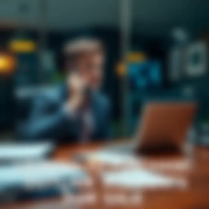 A person sitting at a desk with a laptop, talking on the phone about purchasing outlier accounts. Papers and a notepad are visible, indicating a business conversation.