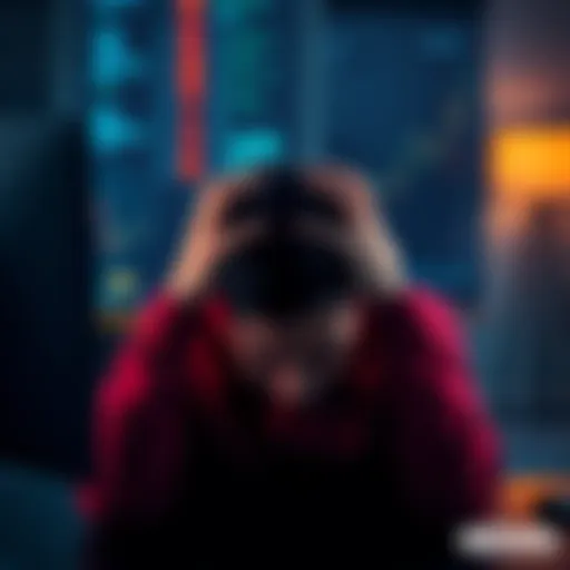 A person frustrated at their computer, showing a restricted account message while holding their head in their hands, symbolizing financial distress.
