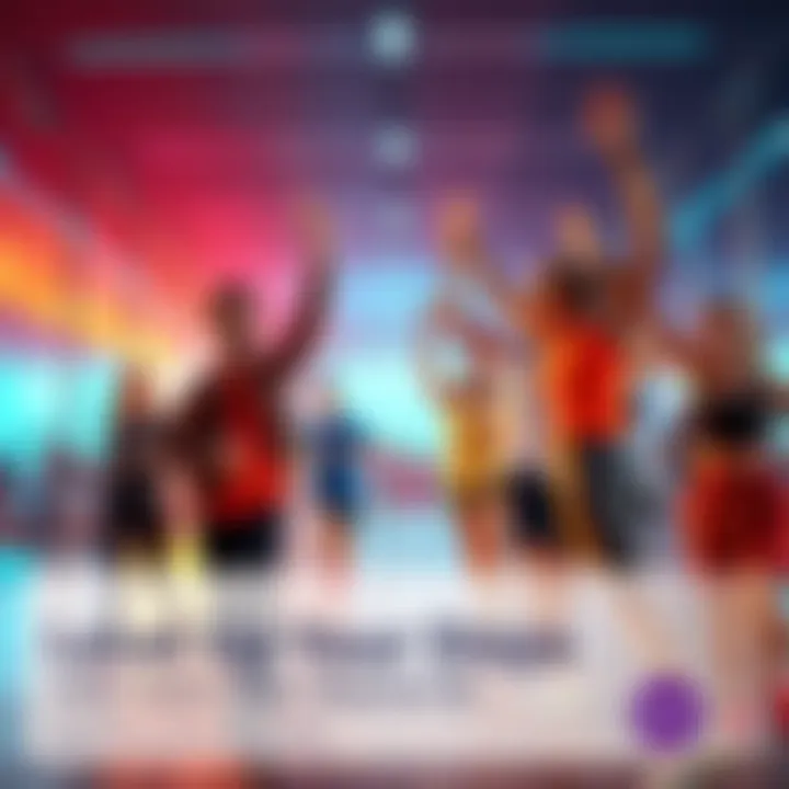 Group of individuals engaging in various physical activities while tracking their steps with wearable devices, celebrating their achievements with rewards.