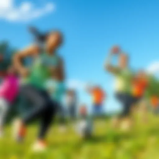 A group of people engaged in various outdoor activities showcasing fitness and wellness