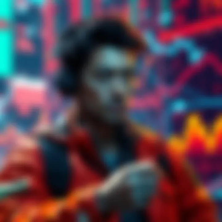 An actor strategically influences the Coretime market on Polkadot with digital assets and blockchain visuals in the background.