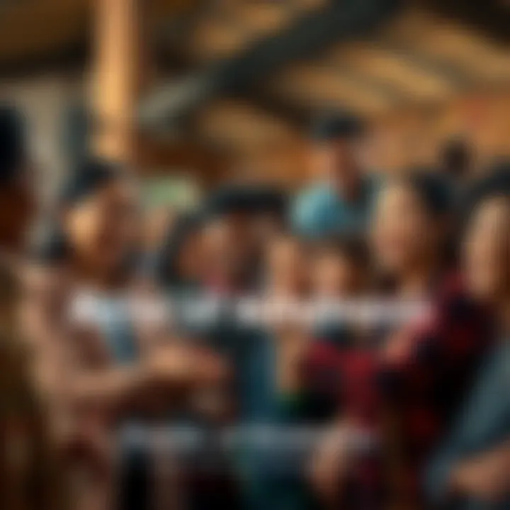 A group of diverse people sharing smiles and helping each other in a community setting.