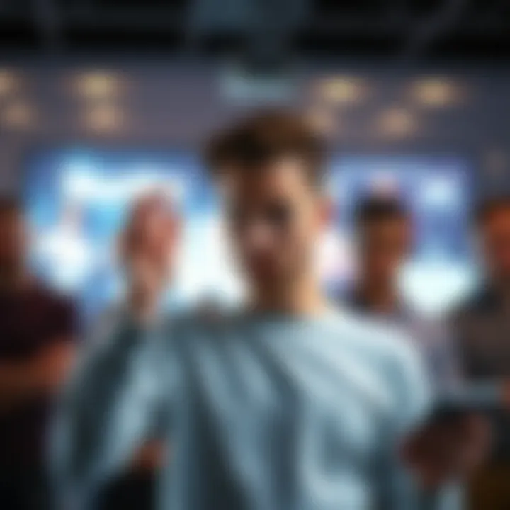 A frustrated person skipping an advertisement on a digital device while others look concerned in the background.