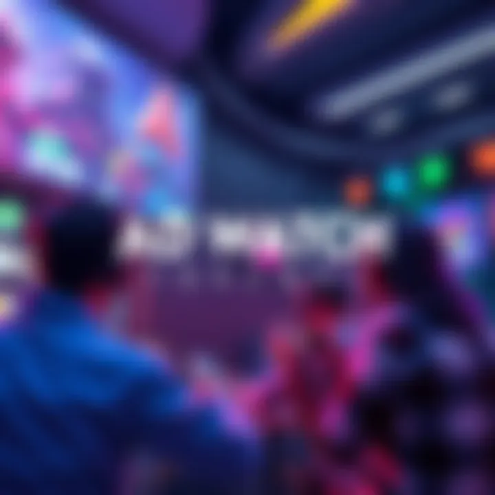 A depiction of Ad Watch Tokens being used in a game, featuring players engaging with ads for rewards and boosts, showcasing a vibrant gaming environment.