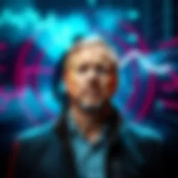 Adam Back, CEO of Blockstream, in front of a digital background symbolizing controversy and scrutiny, with a shadowy figure representing Jeffrey Epstein's island.