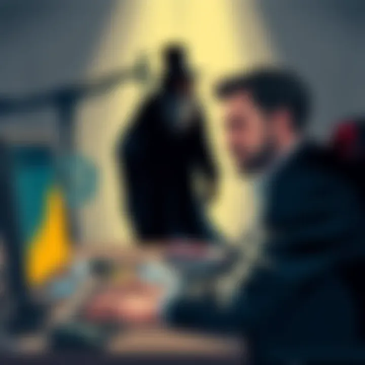 An illustration showing Adam Back looking conflicted while typing on a computer, with a shadowy figure representing Satoshi in the background, symbolizing betrayal in crypto history.