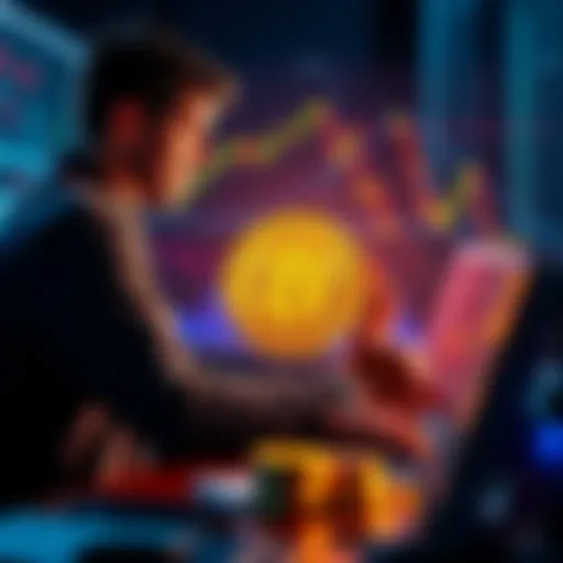 A person sitting at a desk with a laptop, looking at cryptocurrency charts and holding a Bitcoin symbol in one hand, surrounded by gold and silver coins, symbolizing their transition to Bitcoin investments.