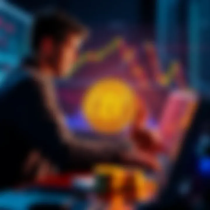 Addict's Journey to Bitcoin A person sitting at a desk with a laptop, looking at cryptocurrency charts and holding a Bitcoin symbol in one hand, surrounded by gold and silver coins, symbolizing their transition to Bitcoin investments.