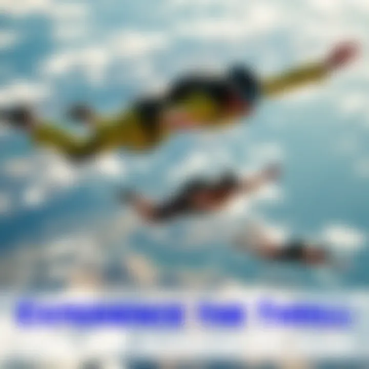 A group of adventurous individuals skydiving over a stunning landscape, capturing the essence of thrill-seeking