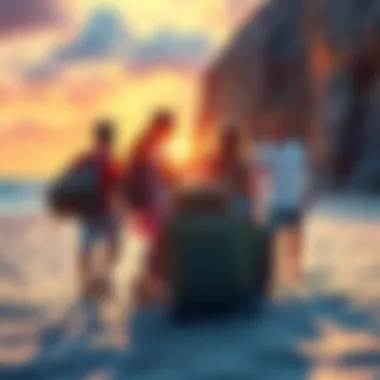 Exciting Adventure Getaway A group of friends enjoying a beach adventure with packed bags and summer vibes