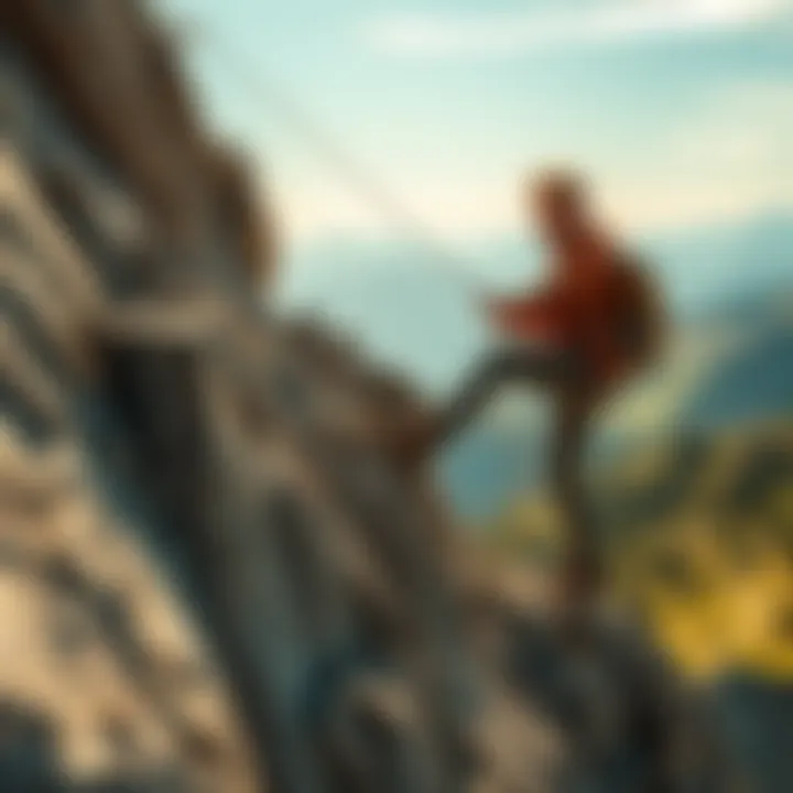 A man climbing a rocky mountain, showcasing his adventurous spirit, with scenic landscapes in the background, capturing the essence of risk-taking.