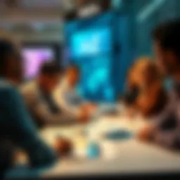 People discussing AE's confusing advertisement strategies at a table, with charts and designs scattered around