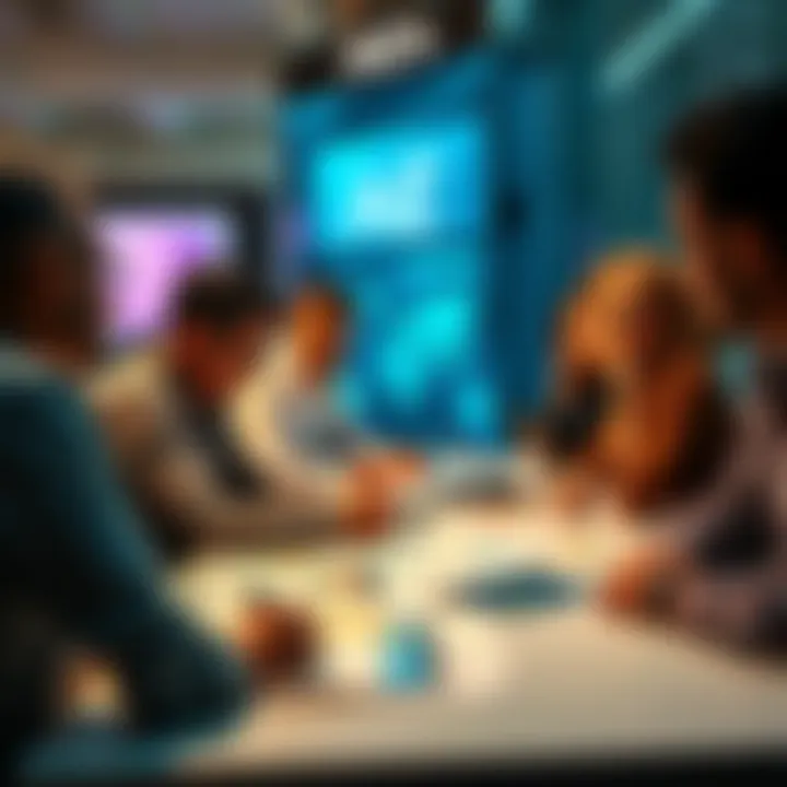 People discussing AE's confusing advertisement strategies at a table, with charts and designs scattered around