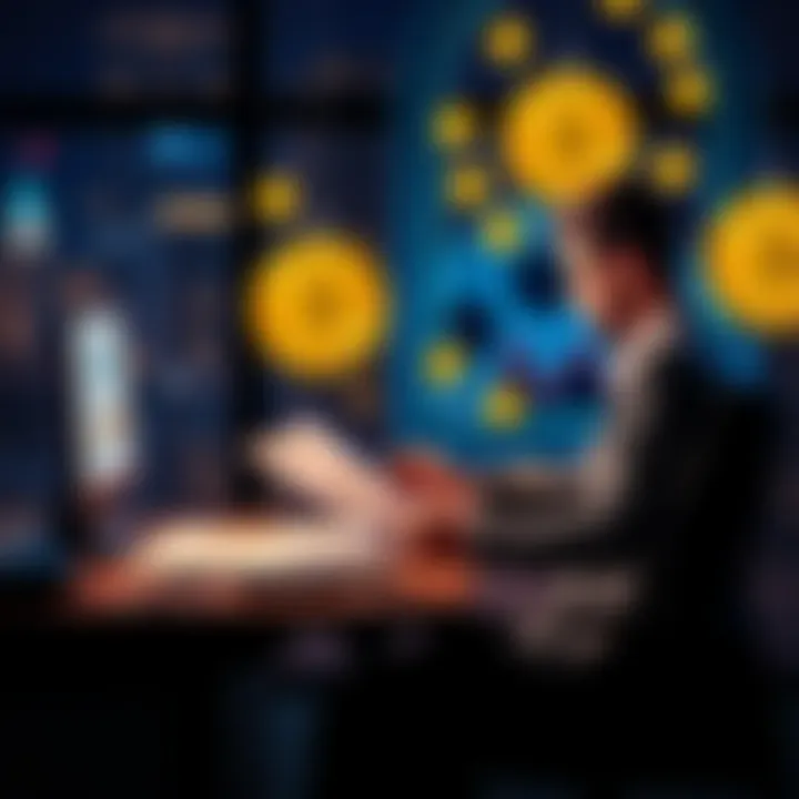 A person sitting at a desk reviewing tax documents with cryptocurrency symbols around them, representing affordable CPA services for tax filing.