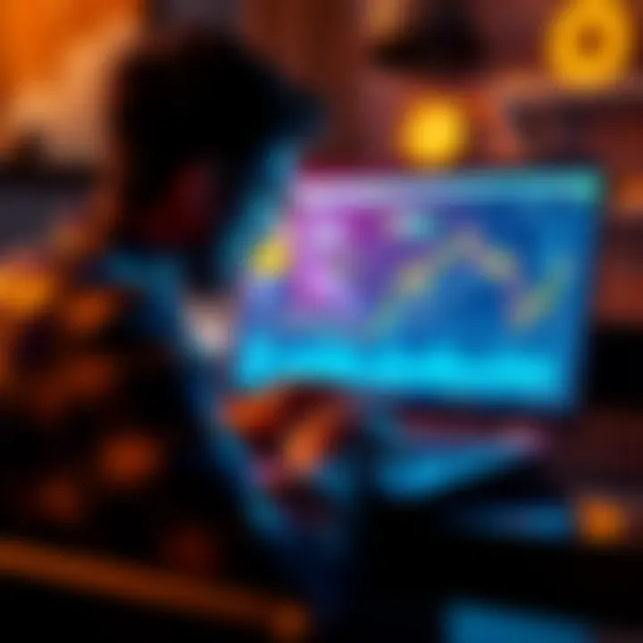 A person researching low-fee platforms to buy cryptocurrency, with a laptop and charts on the screen.