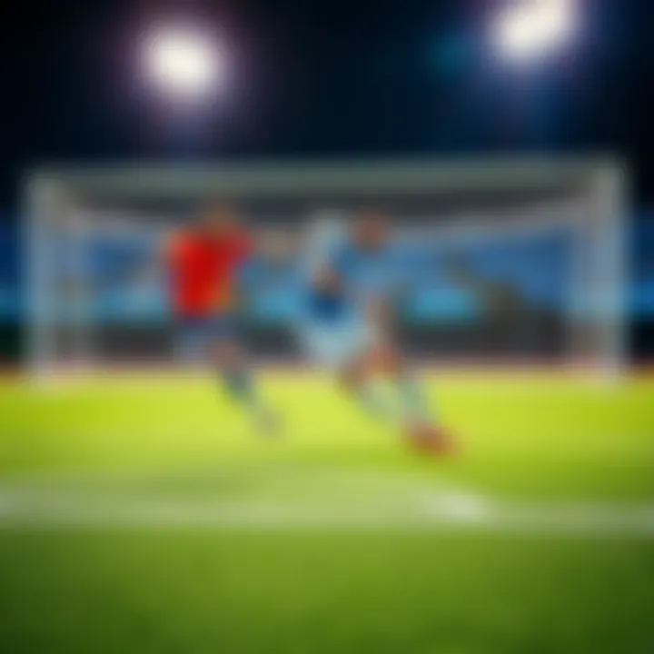 A soccer field with two goalkeepers practicing saves during training, showcasing budget-friendly players in action.